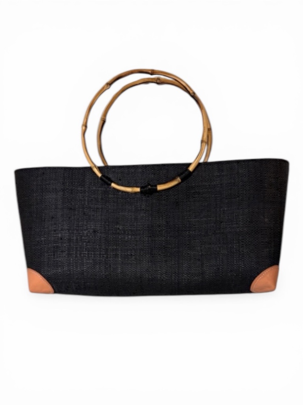 Madagascar Black Straw Tote with Tan Leather Corners and Bamboo Handles